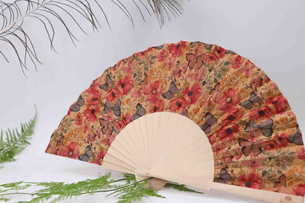 Cork Hand Fan with Butterfly drawing SektorCorkPortugal